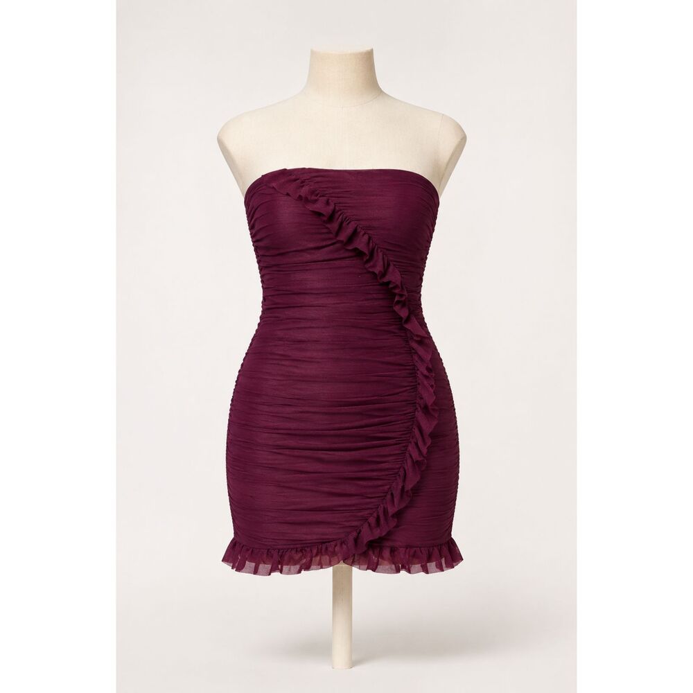 NWT Wild Fable Burgundy Ruched Ruffle Strapless Tube Mini Dress M $30